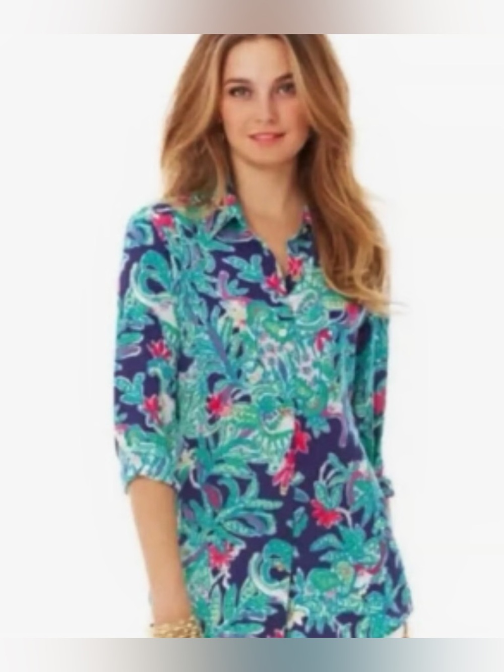 LILLY PULITZER Blue Silk Isla Trunk Show Button Up long Sleeve Top Size S